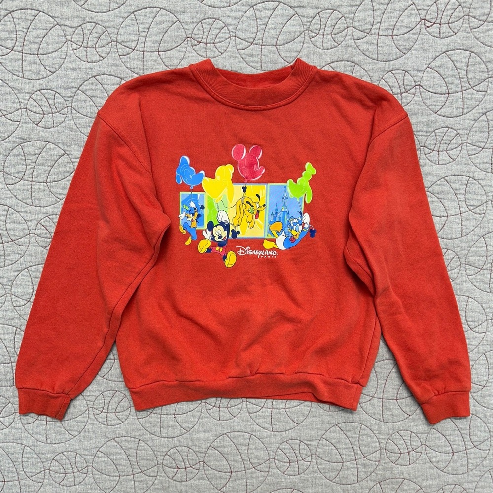 Y2K Disneyland Paris Sweatshirt Red Mickey Mouse Pluto Goofy / Women's Medium